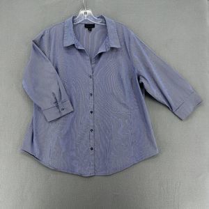 Worthington Button Up Blouse Blue White Pin Stripe Half Sleeve Collar Womens 1X